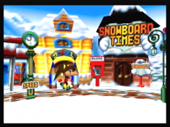 Le village permet d'acheter de nouvelles planches (Snowboard Kids 2)