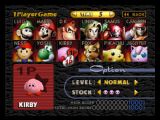 Ecran de choix du personnage. Tous les personnages du jeu y sont, même les 4 cachés que sont Luigi, Ness, Rondoudou et Captain Falcon !