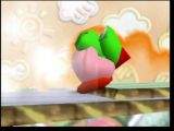 Kirby est en train d'avaler un Yoshi ! Ca va lui permettre de récupérer le coup spécial B de Yoshi. 