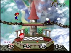Combat contre Mario et Luigi dans les hauteurs du jardin du château de Peach. On peut voir le château en arrière-plan. (Super Smash Bros.)