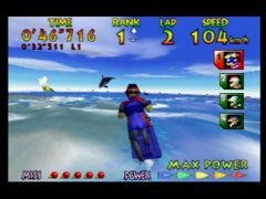 Dernière course du jeu Wave Race 64 sur Nintendo 64, Southern Island permet de croiser une orque et d'assister à la marée descendante. (Wave Race 64)