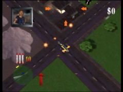 Using the missiles of the Ballista motorcycle, destroy the buildings surrounded by arrows to free the passage  (Blast Corps)