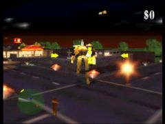 The Cyclone Suit, a robot cavorting while cheerfully destroying the buildings in front of you (Blast Corps)