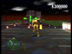 Le robot Cyclone Suit prend son élan avant de se lancer à l'assaut des bâtiments (Blast Corps)