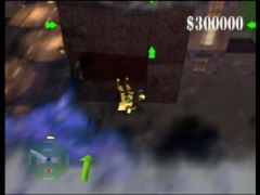 Le Cyclone Suit en pleine action! Les deux pieds en avant, il s'apprête à démolir un immeuble de plusieurs étages. (Blast Corps)