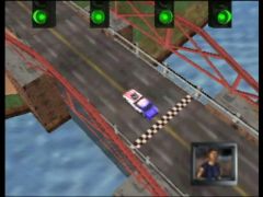 One of the many bonus levels of the game. Here, a time trial mode with a police car.  (Blast Corps)