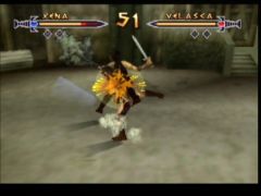 Xena blessée par Velasca lors d'un combat dans le jeu Xena Warrior Princess - the talisman of fate sur Nintendo 64 (Xena: Warrior Princess: The Talisman of Fate)