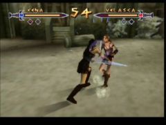 Velasca esquive le coup porté par Xena lors d'un combat dans le jeu Xena Warrior Princess - the talisman of fate sur Nintendo 64 (Xena: Warrior Princess: The Talisman of Fate)