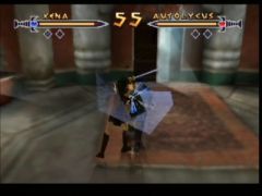 Echange de coups entre Autolycus et Xena lors d'un combat dans le jeu Xena Warrior Princess - the talisman of fate sur Nintendo 64 (Xena: Warrior Princess: The Talisman of Fate)