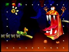 Yoshi face à Blargg dans un niveau du jeu Yoshi's Story sur Nintendo 64 (Yoshi's Story)