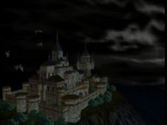 La cinématique de l'écran titre de Castlevania sur Nintendo 64 présente le château de Dracula, puis Malus en train de jouer du violon (Castlevania)