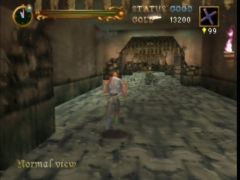 Vous voici au centre du château de Dracula dans le jeu Castlevania sur Nintendo 64. Un squelette à moto est prêt à vous charger, WTF (Castlevania)