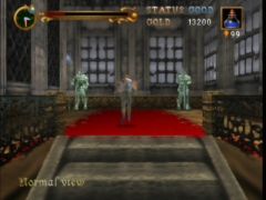 Reinhardt avance dans le jeu Castlevania sur Nintendo 64, mais attention, ces statues ne sont peut-être pas si immobiles que ça. Prépare ton fouet. (Castlevania)