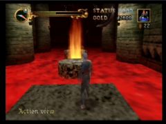 Des jets de feu ralentiront vos sauts entre ces plate-formes (Castlevania: Legacy of Darkness)