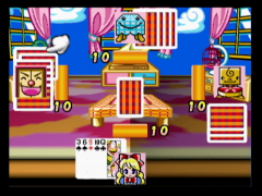 The confrontation with the opponents is resolved by a game of cards (64 Toranpu Collection: Alice no Waku Waku Toranpu World)