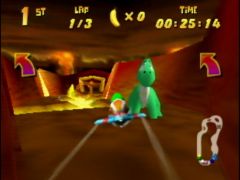 Ce dinosaure est pénible à vouloir traverser la piste! (Diddy Kong Racing)