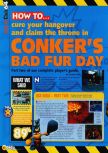 Scan of the walkthrough of Conker's Bad Fur Day published in the magazine N64 55, page 1